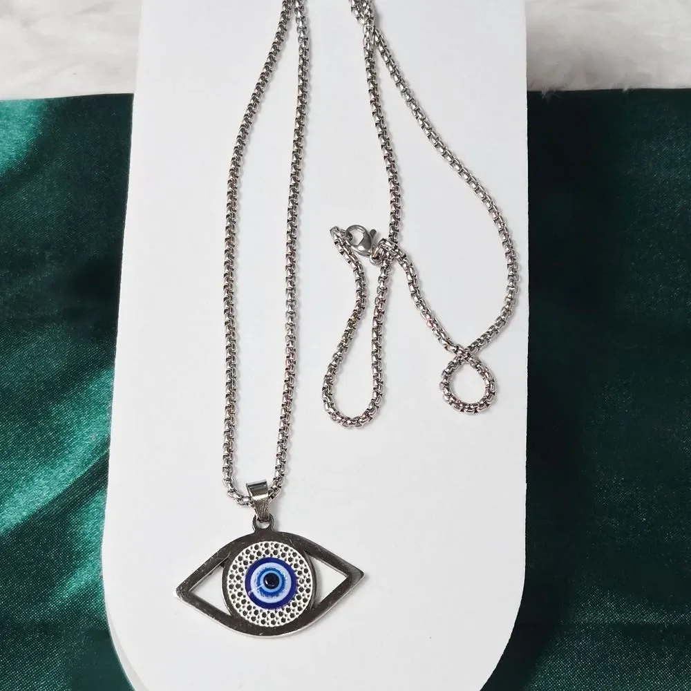 Hamsa Blue Evil Eye Pendant Necklace 24” Silver Stainless Steel Turkish Nazar